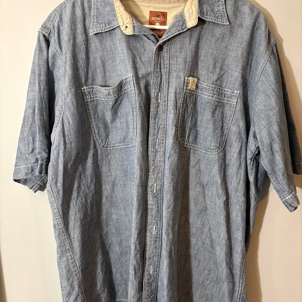 redhead blue denim button down